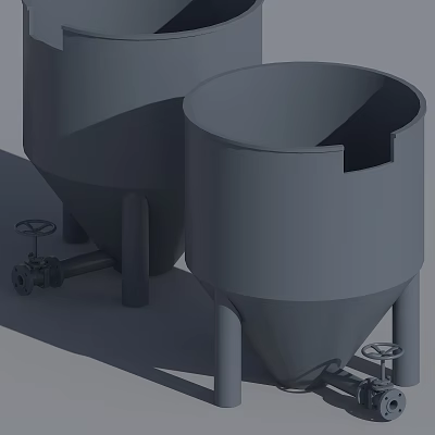 Gray Industrial Storage Containers With Conical Bottom Valves Stands And Material Handling 3d model