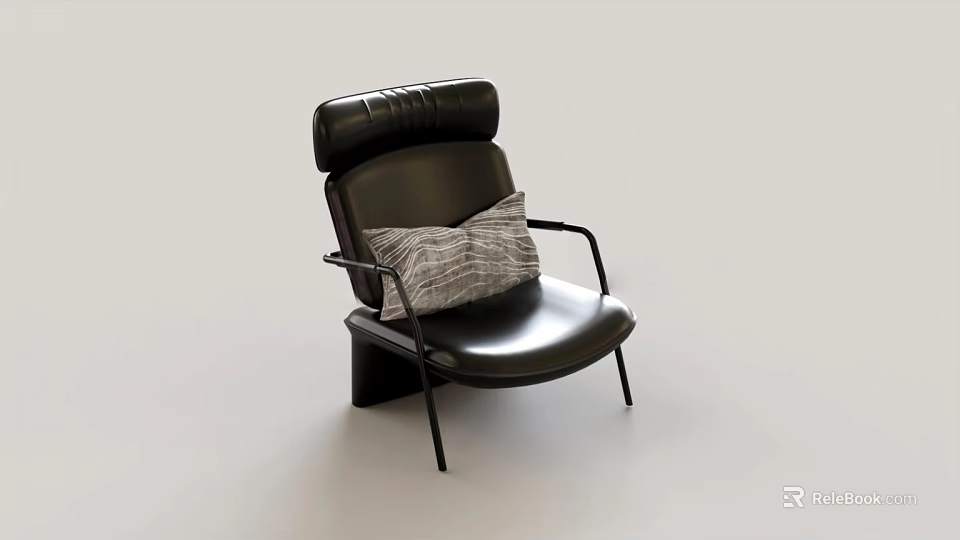 Black Leather Accent Chair with Metal Armrests and Gray Woven Cushion in Modern Design 3d model 
