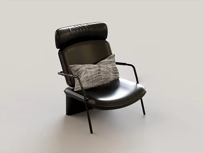 Black Leather Accent Chair with Metal Armrests and Gray Woven Cushion in Modern Design 3d model