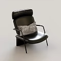 Black Leather Accent Chair with Metal Armrests and Gray Woven Cushion in Modern Design