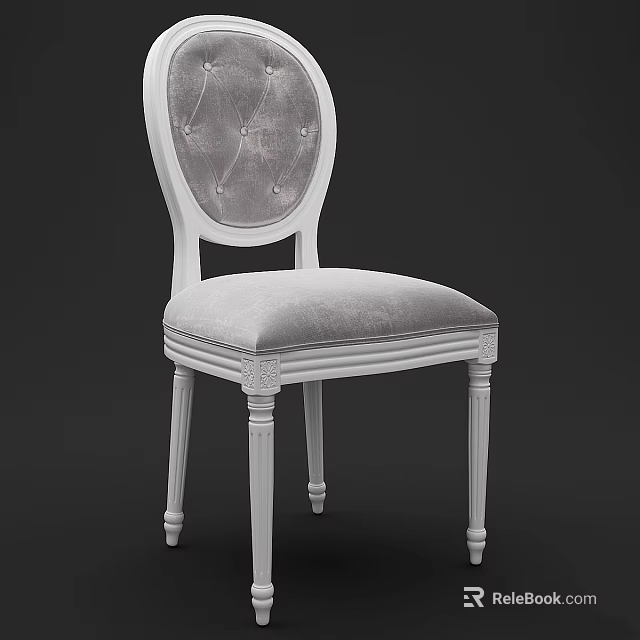 Elegant Single Chair With White Frame Gray Velvet Seat And Carved Legs 3d model 