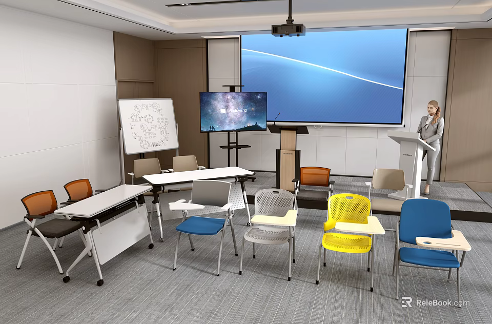 School Classroom With Large Screen Projector Whiteboard And Colorful Desks Chairs 3d model 