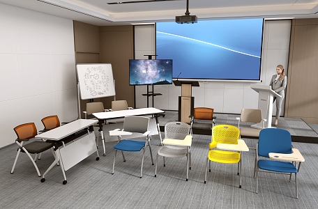 Training Room Table and Chair Lecture Desk Mobile Whiteboard TV 3d model