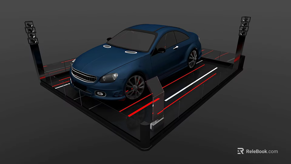 Blue Car Display On Modern Platform With Red Lines And Black Background 3d model 