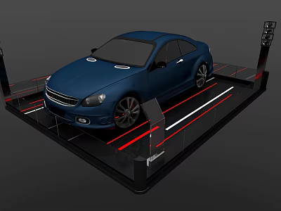 Blue Car Display On Modern Platform With Red Lines And Black Background 3d model