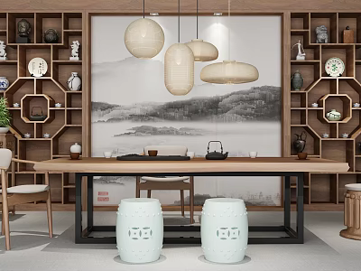 Traditional Chinese Tea Table And Chairs With Landscape Painting Pendant Lights And Antique Shelves 3d model