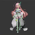 3D Model Pink Long Haired Character Standing In White Flowy Dress With Decorative Headpiece