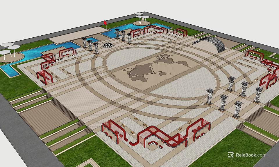 Public Square Design With World Map Pattern Red Art Installations And Fountains 3d model
