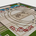 Public Square Design With World Map Pattern Red Art Installations And Fountains 3d model