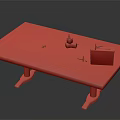 Wooden Table With Blue Legs Featuring Red Object And Green Box On Surface 3d model