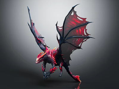 Fantasy Mythical Dragon Creature with Red Black Wings and Fiery Scales 3D Design 3d model