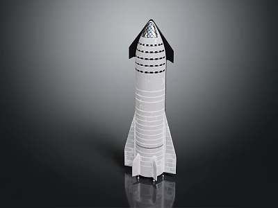 Detailed Rocket Model With White Body Black Top Segmented Sections And Base Supports 3d model