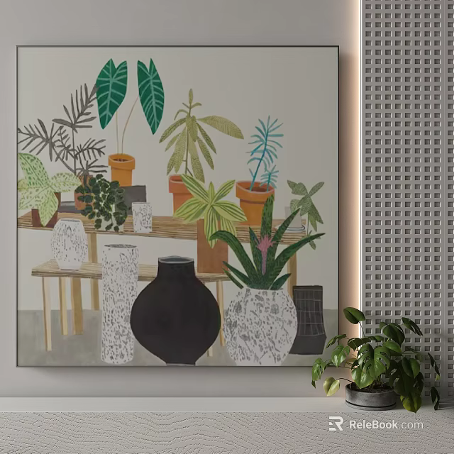 Artwork Displaying Diverse Plants Flower Pots And Decorative Vases On Wooden Shelf 3d model 