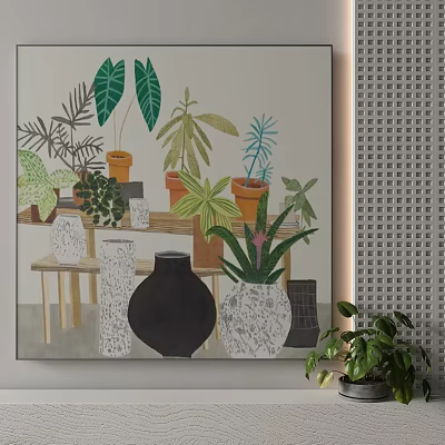 Artwork Displaying Diverse Plants Flower Pots And Decorative Vases On Wooden Shelf 3d model