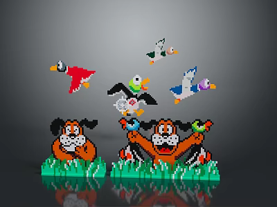Colorful Pixel Art Landscape With Green Grass Flying Ducks Gray Background And Reflection 3d model