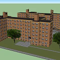 Red Brick Apartment Building With Multiple Windows Lawn Tree And Staircase