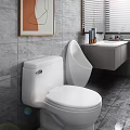 Modern Bathroom Interior with Gray Stone Walls White Toilet Urinal Vanity Blinds and Abstract Painting