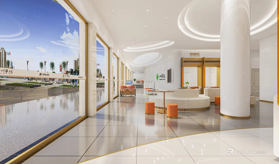 Modern Bank Lobby Interior With Large Windows White Columns Round Tables And Sofas 3d model