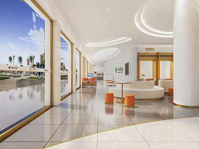 Modern Bank Lobby Interior With Large Windows White Columns Round Tables And Sofas 3d model