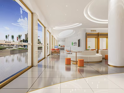 Modern Bank Lobby Interior With Large Windows White Columns Round Tables And Sofas 3d model