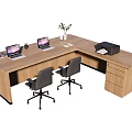 Wooden Reception Desk With Two Laptops Printer Green Plant Magazines And Black Chairs