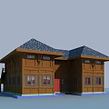 Brown Wooden House Exterior With Red Door Dark Roof Staircase And Balcony