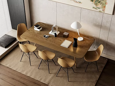 Modern Wooden Dining Table Set With Yellow Chairs Table Lamp Notebook And Decorations 3d model