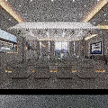 Modern Real Estate Sales Office Interior With Marble Reception Counter Hanging Chandeliers And Seating Area