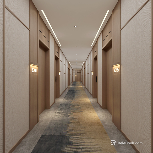 Modern Hotel Corridor Interior With Beige Walls Striped Carpet Elevator Doors And Wall Lamps 3d model 