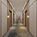 Modern Hotel Corridor Interior With Beige Walls Striped Carpet Elevator Doors And Wall Lamps