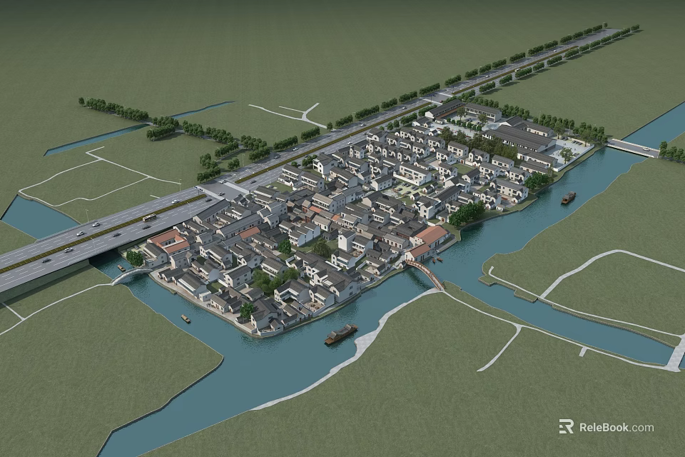 Aerial Planning of Historic Town with River Roads Bridges and Traditional Buildings 3d model 