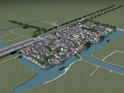 Aerial Planning of Historic Town with River Roads Bridges and Traditional Buildings 3d model