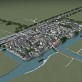 Aerial Planning of Historic Town with River Roads Bridges and Traditional Buildings