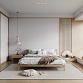 Modern Minimalist Bedroom Interior With Wooden Bed White Walls Pendant Light And Area Rug