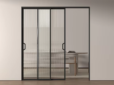 Minimalist Modern Sliding Doors with Black Frame Glass Panels and Vertical Stripes for Home Interior 3d model