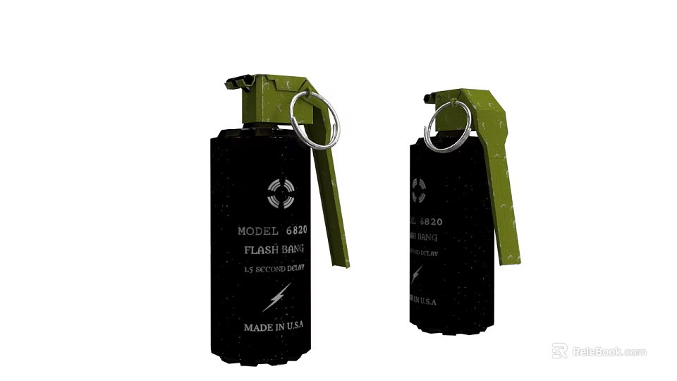 Black And Green Flash Bang Grenades With MOTOR 642 And M18 20 Labels 3d model 