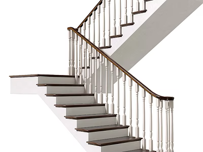 Classic Home Staircase With Wooden Treads White Balusters And Curved Railings 3d model