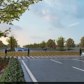 Urban Road Infrastructure with Traffic Lanes Vehicles Green Belts Street Lamps and Guardrails