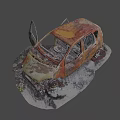 Burnt Rusted Orange Car With Open Doors Ash Around And Damaged Parts
