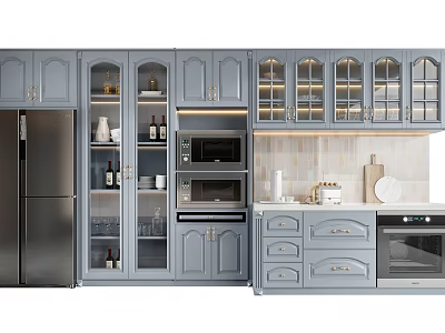 Modern Kitchen With Gray Cabinets Glass Doors White Countertop And Appliances 3d model