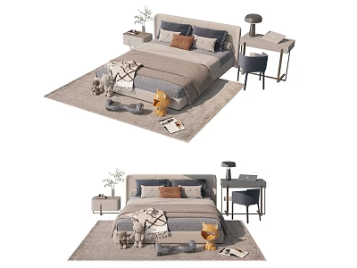 Modern Double Bed With Upholstered Headboard Decorative Pillows Nightstand Table Lamp And Area Rug 3d model