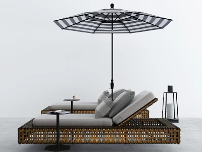 Rattan Outdoor Lounge Chairs With Gray Cushions Striped Umbrella And Side Table 3d model