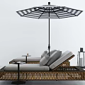 Rattan Outdoor Lounge Chairs With Gray Cushions Striped Umbrella And Side Table