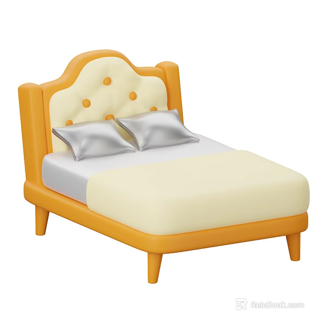 Modern Orange Double Bed with Tufted Headboard White Beige Mattress and Wooden Legs 3d model 