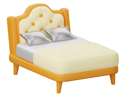 Modern Orange Double Bed with Tufted Headboard White Beige Mattress and Wooden Legs 3d model