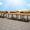 Outdoor Connected Wooden Pavilions With Tables Chairs On Gray Tiled Floor Under Blue Sky Sunlight