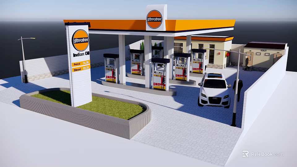 Gas Station Exterior With Orange White Canopy Fuel Pumps And Parked Car 3d model 