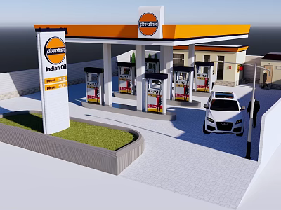 Gas Station Exterior With Orange White Canopy Fuel Pumps And Parked Car 3d model