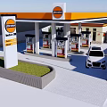 Gas Station Exterior With Orange White Canopy Fuel Pumps And Parked Car