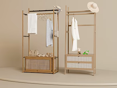 Stylish Wooden Wardrobes with Hanging Rods and Drawers Hat Clothes and Accessories 3d model
